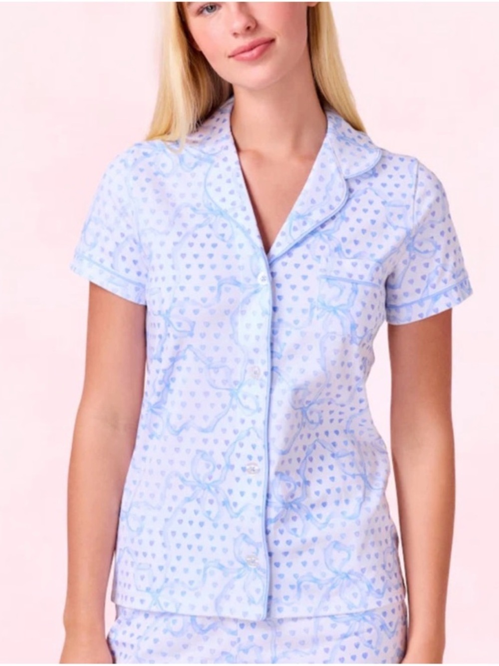 Roller Rabbit x LoveShackFancy Luna Bow Hearts Short Sleeve Polo Pajamas - Picture 6 of 7